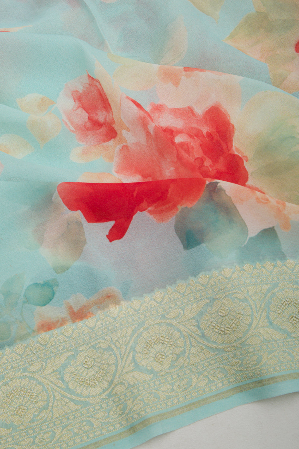 Banarasi Georgette Floral Printed Blue Saree