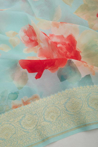 Banarasi Georgette Floral Printed Blue Saree