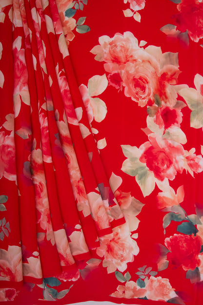 Georgette Floral Printed Red Saree