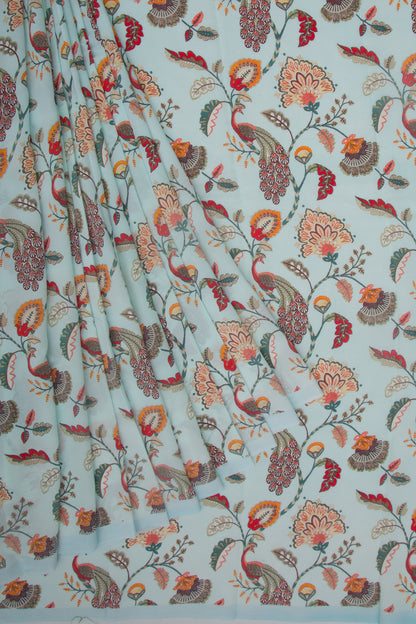 Georgette Floral Printed Pastel Blue Saree