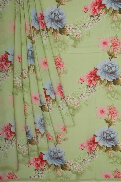 Georgette Floral Printed Pastel Green Saree