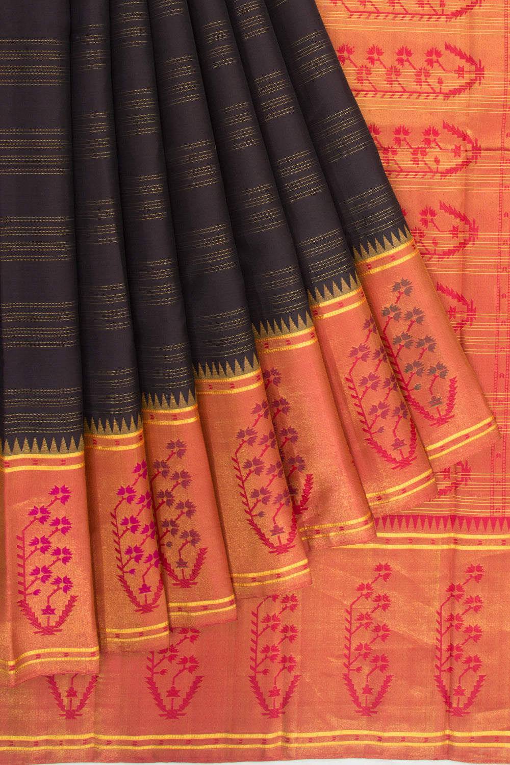 Kanchipuram Silk Twill Lines Black Saree