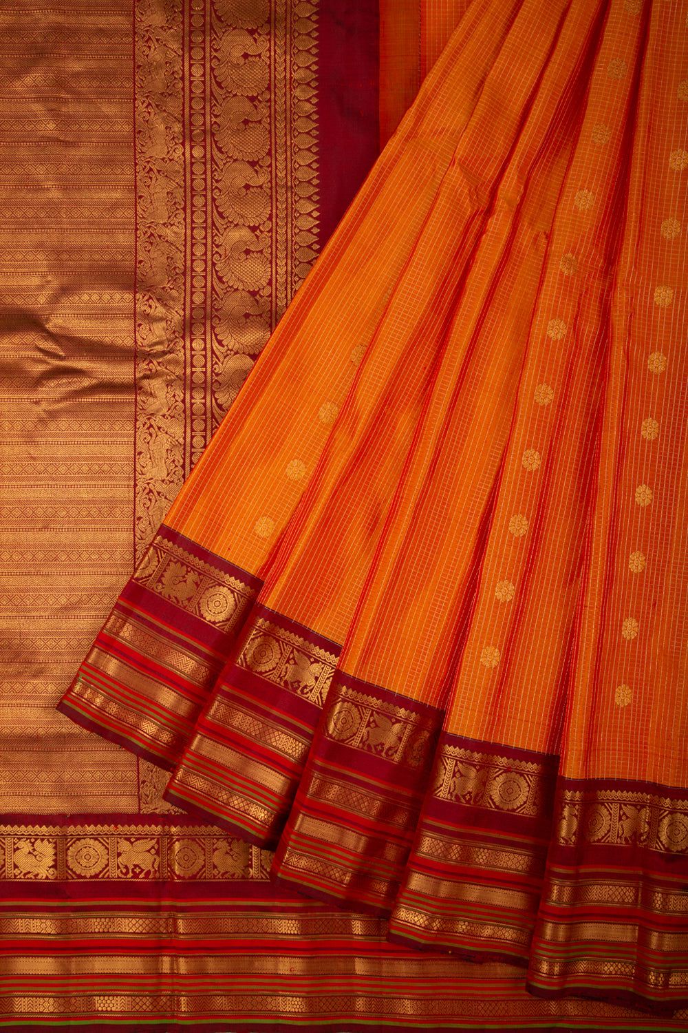 Gadwal Silk Checks And Butta Orange Saree