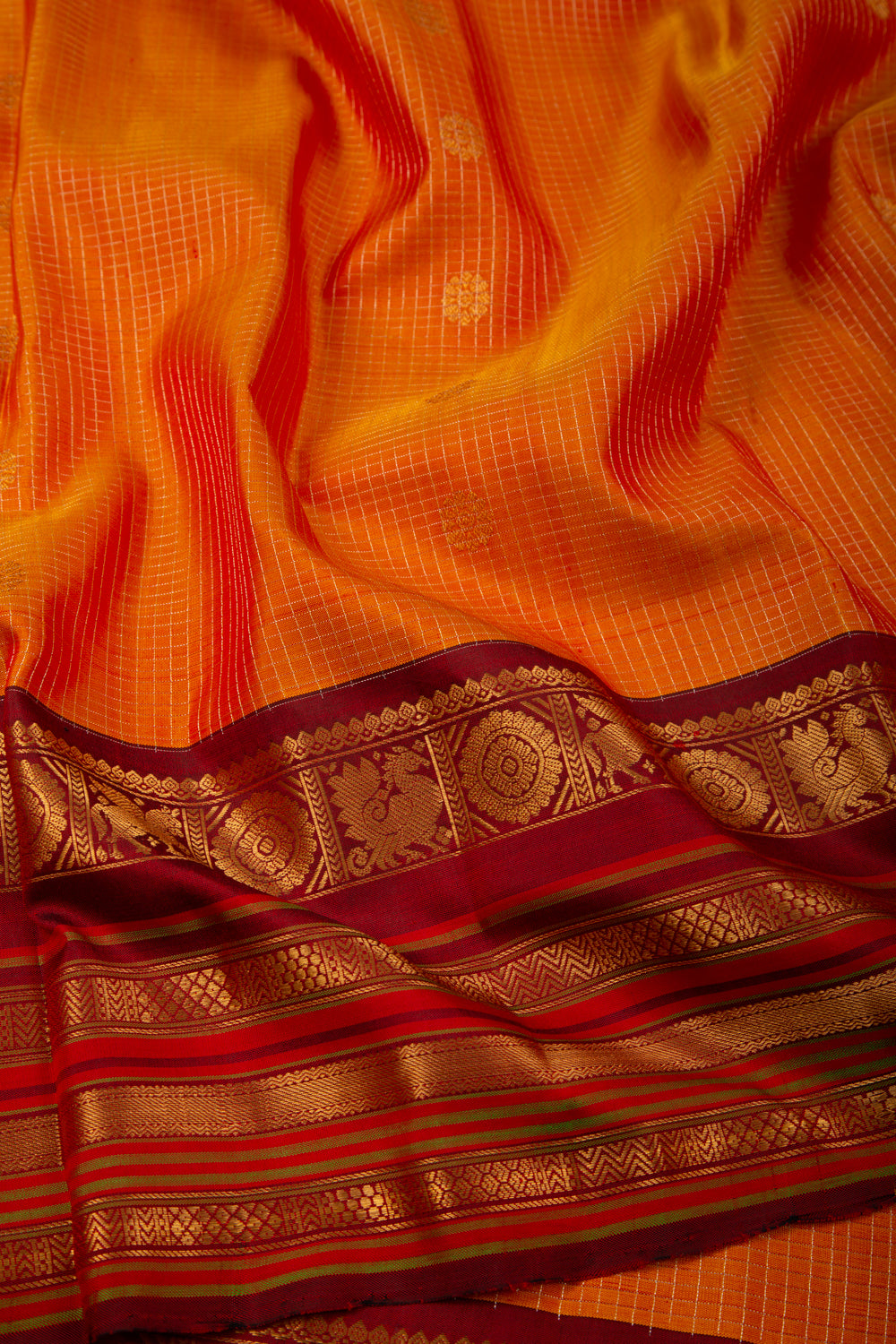 Gadwal Silk Checks And Butta Dual Tone Yellow And Pink Saree