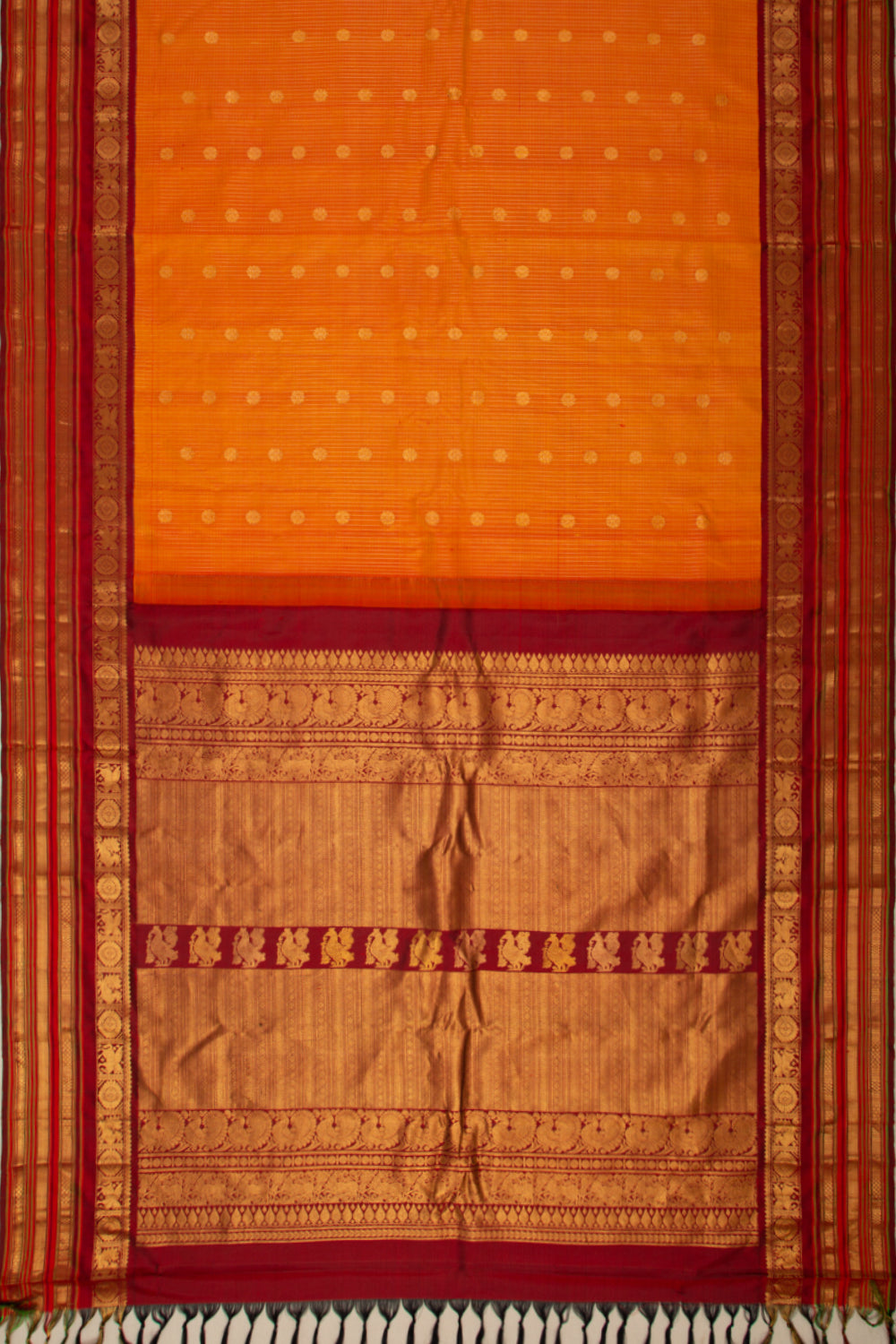 Gadwal Silk Checks And Butta Dual Tone Yellow And Pink Saree