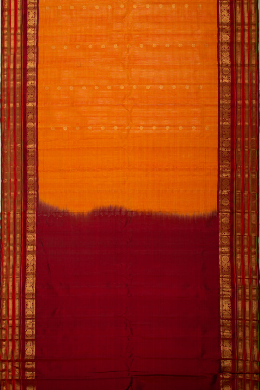 Gadwal Silk Checks And Butta Dual Tone Yellow And Pink Saree
