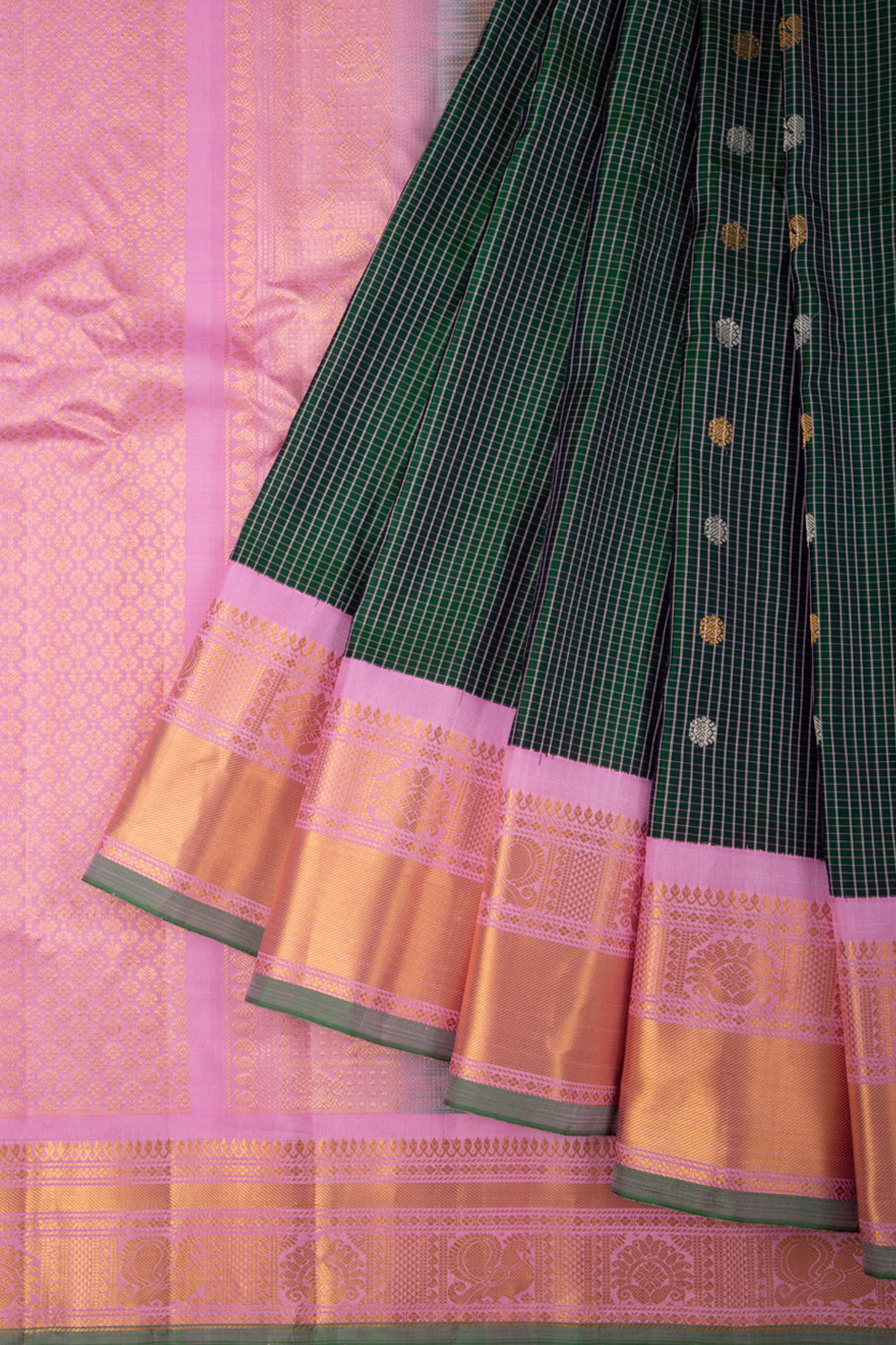Gadwal Silk Checks And Butta Bottle Green Saree