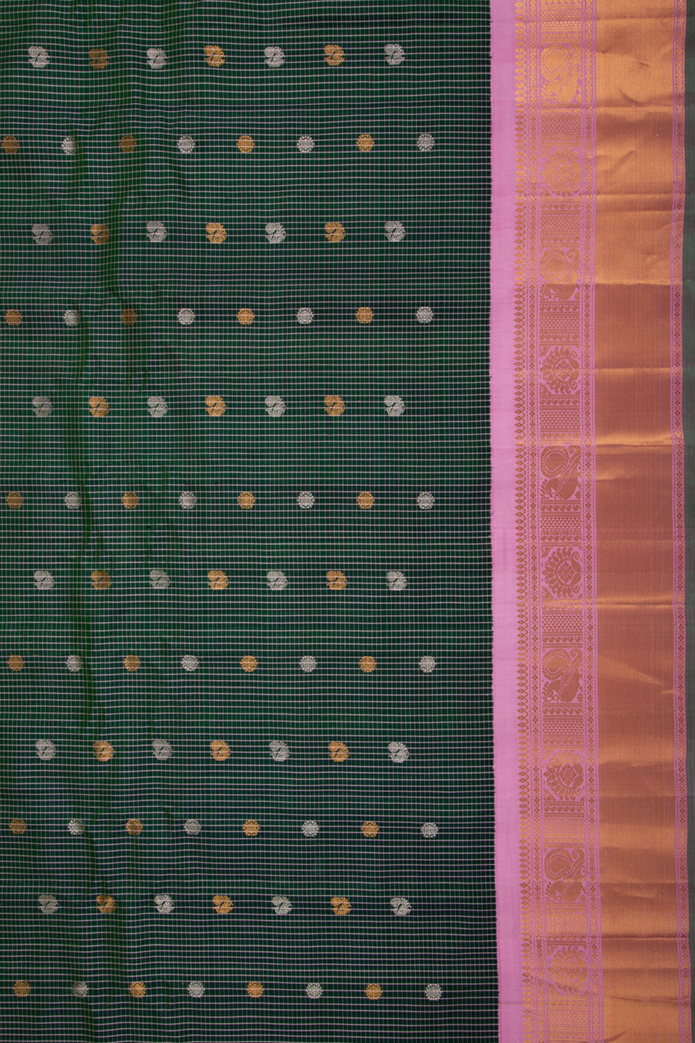 Gadwal Silk Checks And Butta Bottle Green Saree