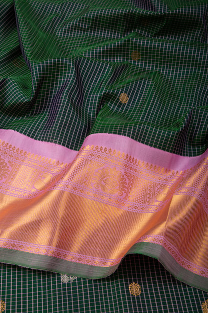 Gadwal Silk Checks And Butta Bottle Green Saree