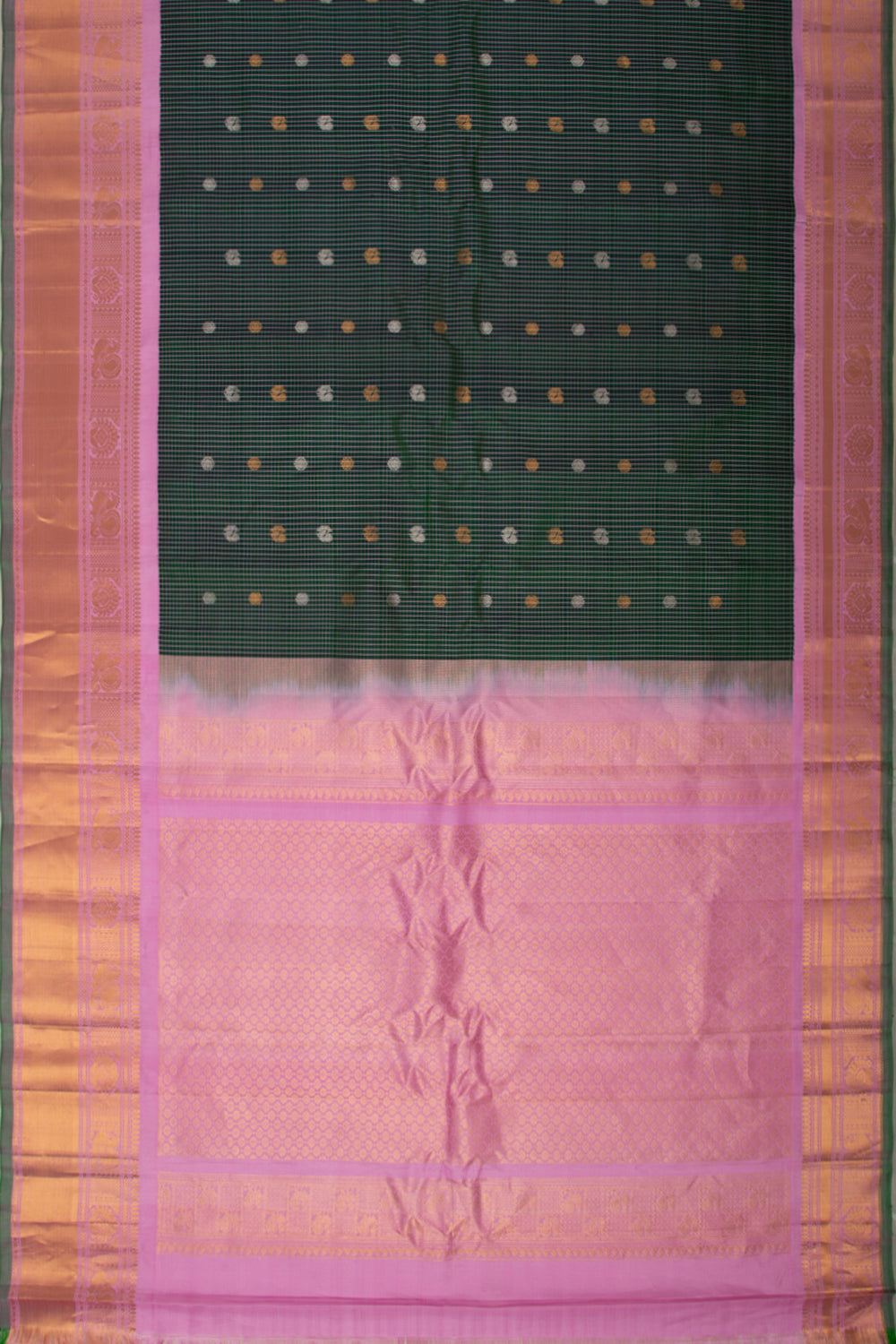 Gadwal Silk Checks And Butta Bottle Green Saree