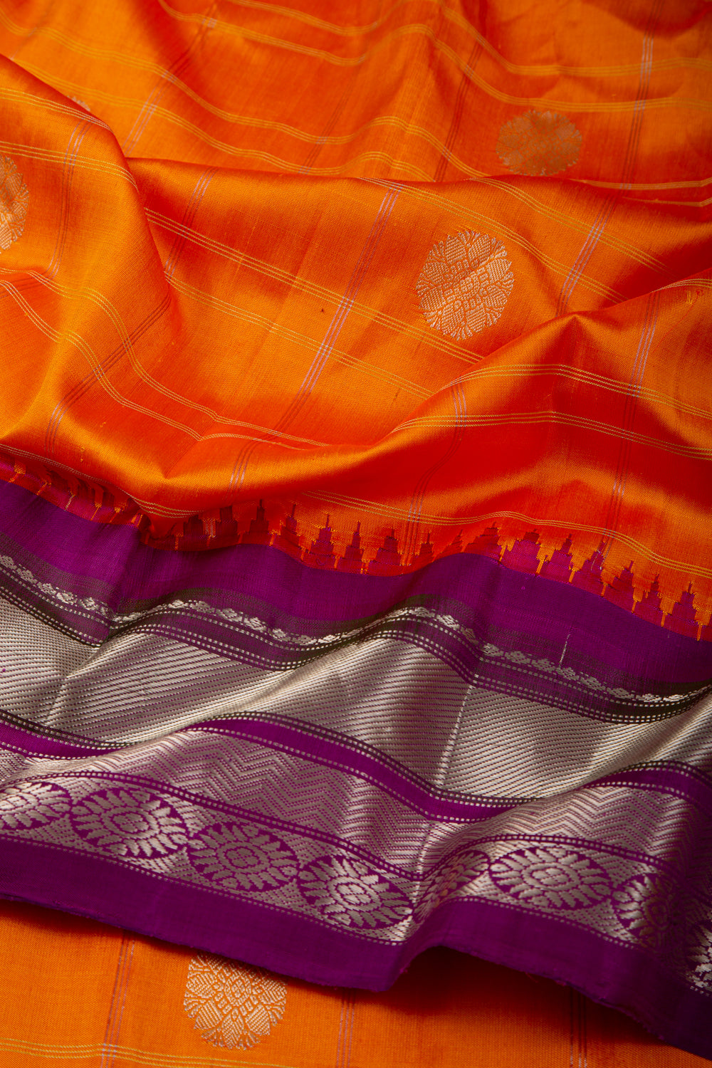Gadwal Silk Checks And Butta Orange Saree