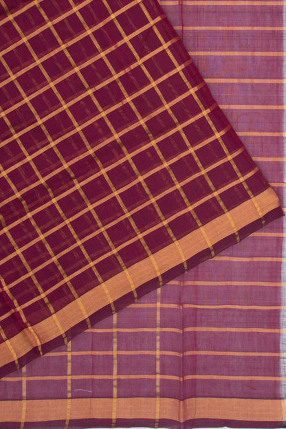 Ponduru Handspun Cotton Checks Burgundy Saree