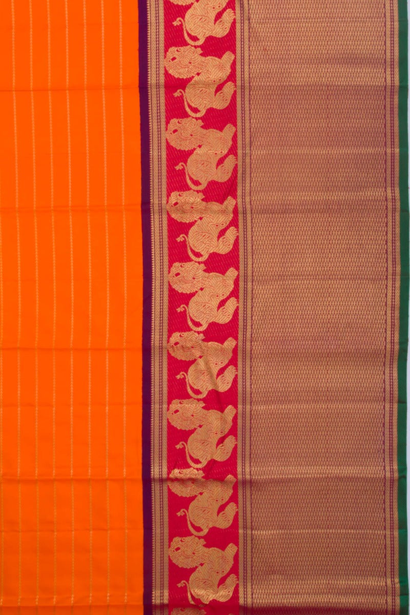 Kanchipuram Silk Horizontal Lines Orange Saree