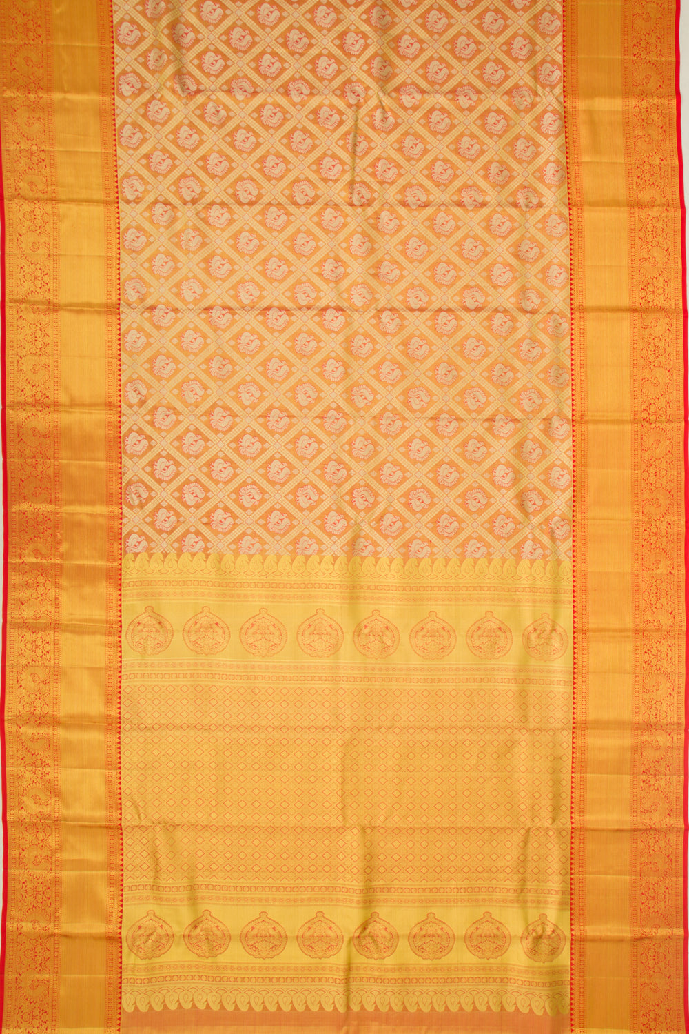 Taranga Kanchi Silk Tissue Criss Cross Checks And Butta Orange Saree