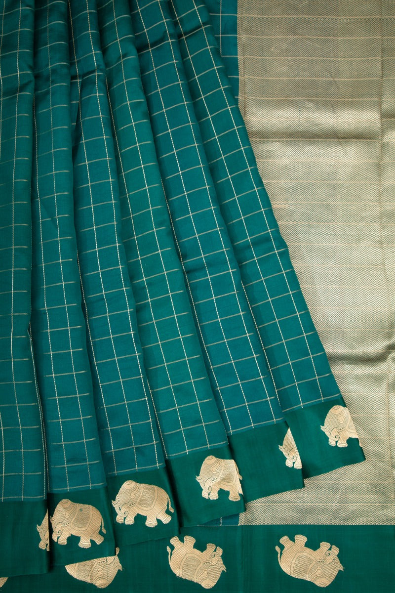 Banarasi Katan Silk Checks Green Saree