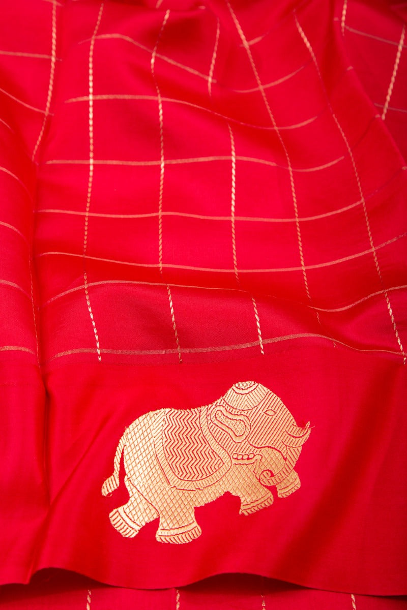 Banarasi Katan Silk Checks Red Saree