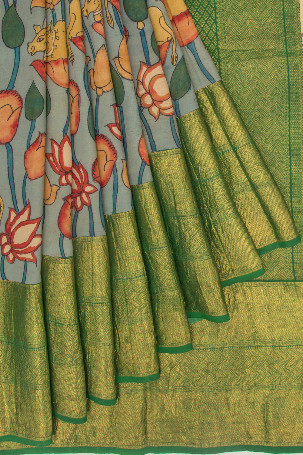 Kanchipuram Silk Kalamkari Blue Saree