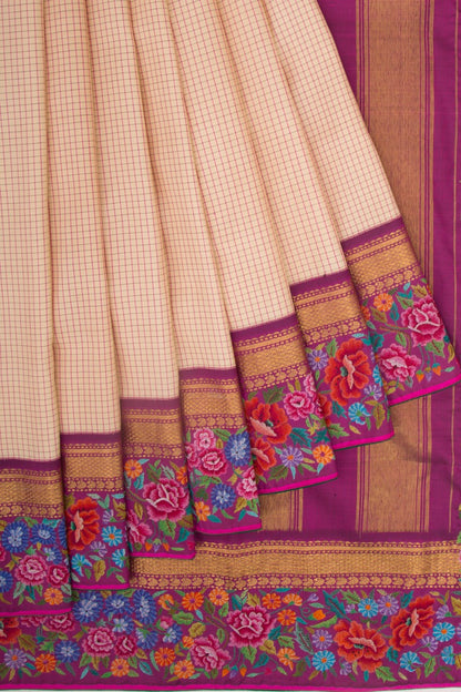 Petit Point Kanchipuram Silk Checks Cream Saree