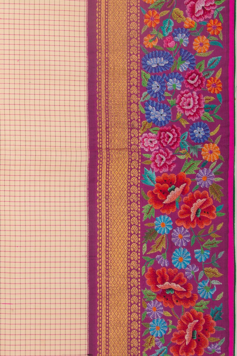 Petit Point Kanchipuram Silk Checks Cream Saree
