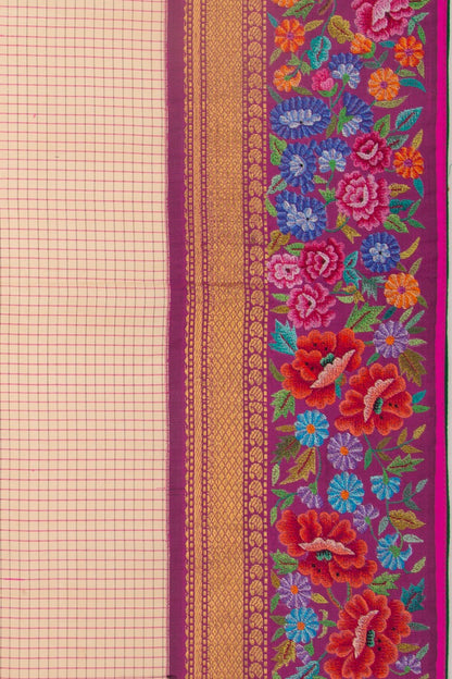 Petit Point Kanchipuram Silk Checks Cream Saree