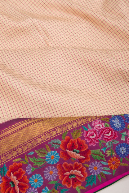 Petit Point Kanchipuram Silk Checks Cream Saree