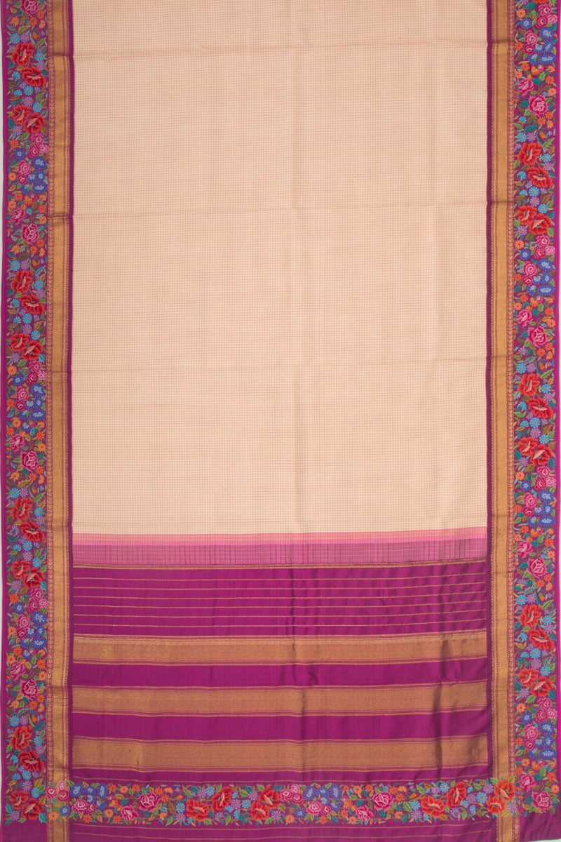 Petit Point Kanchipuram Silk Checks Cream Saree
