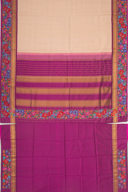 Petit Point Kanchipuram Silk Checks Cream Saree