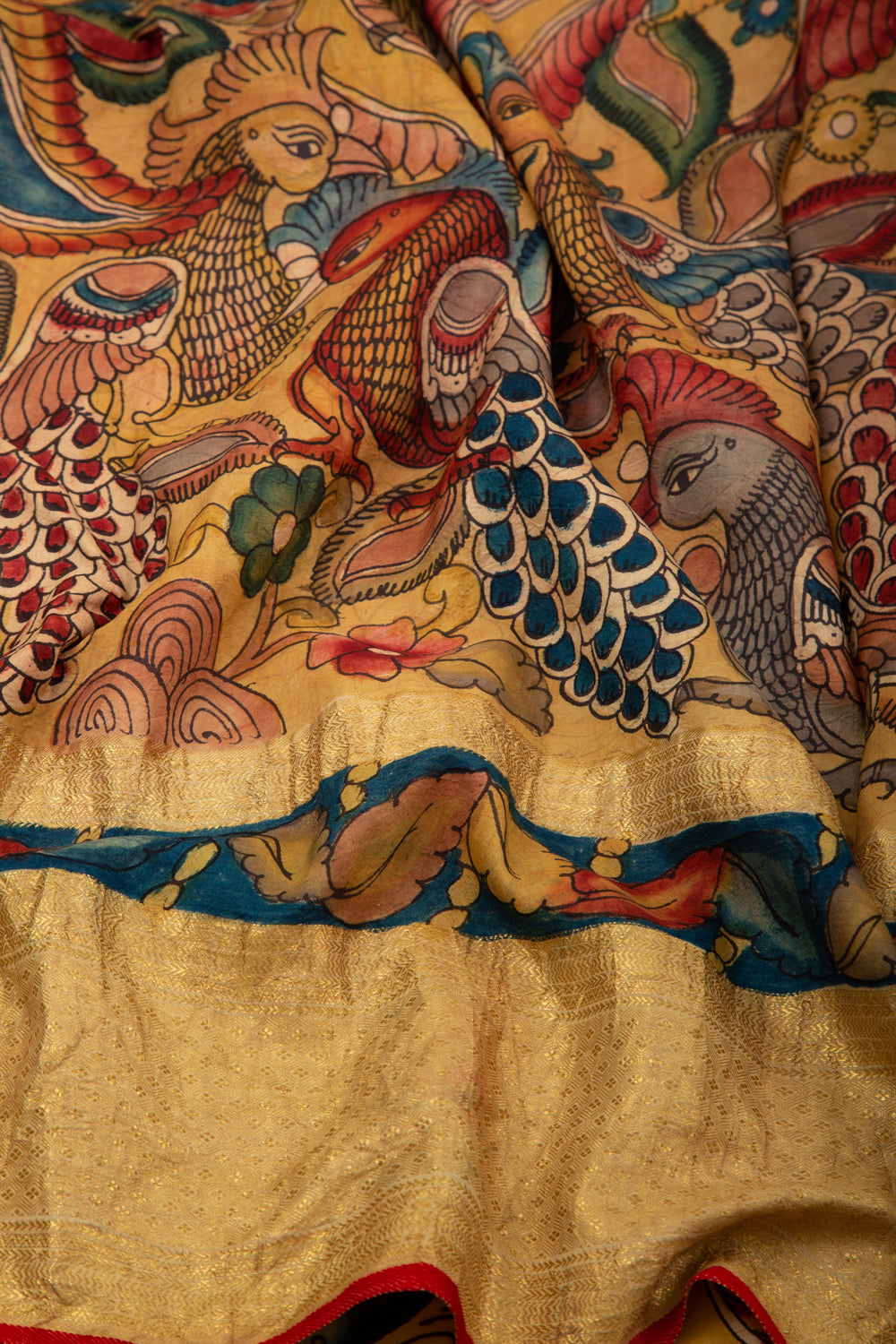 Kanchipuram Silk Kalamkari Yellow Saree