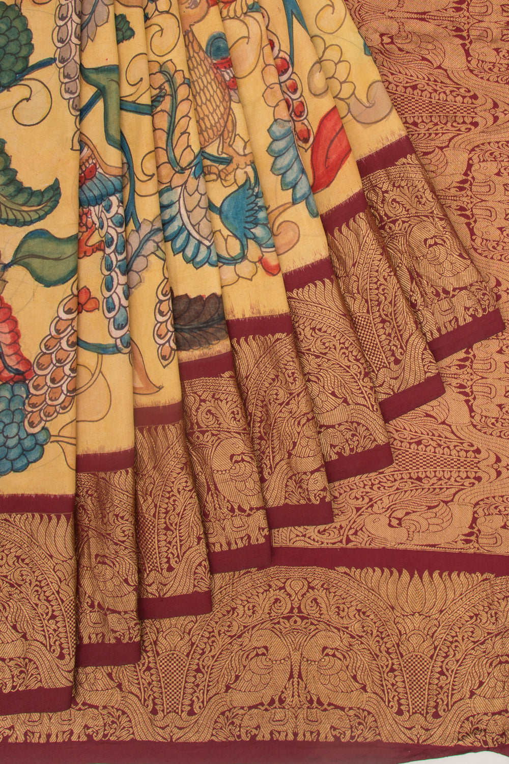 Kanchipuram Silk Kalamkari Cream Saree