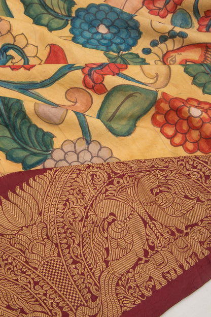 Kanchipuram Silk Kalamkari Cream Saree