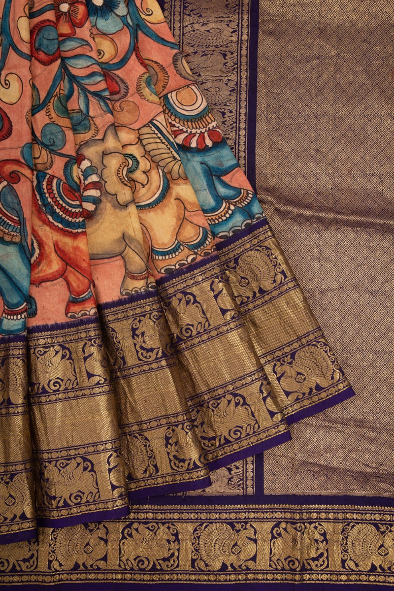 Kanchipuram Silk Kalamkari Peach Saree