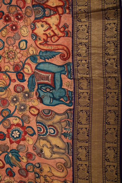 Kanchipuram Silk Kalamkari Peach Saree