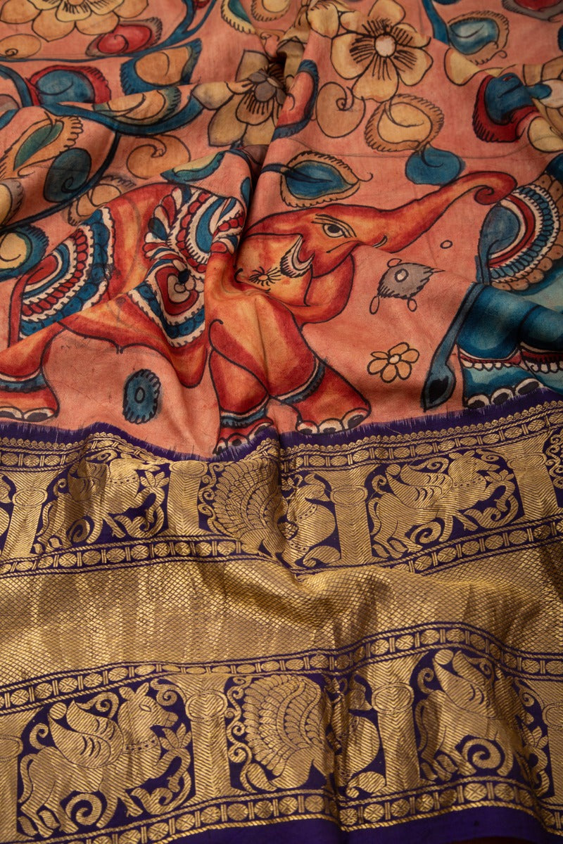 Kanchipuram Silk Kalamkari Peach Saree