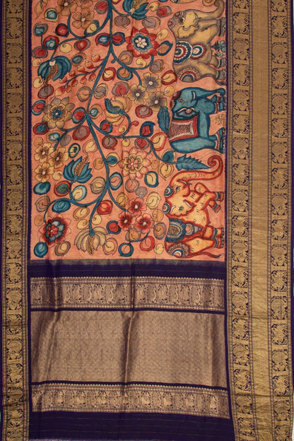Kanchipuram Silk Kalamkari Peach Saree