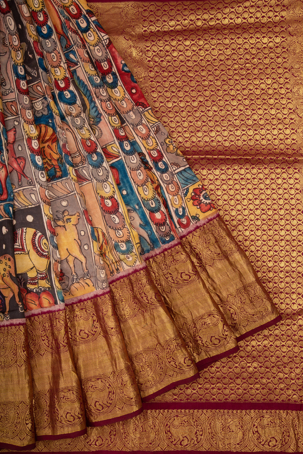 Kanchipuram Silk Kalamkari Multi Colour Saree