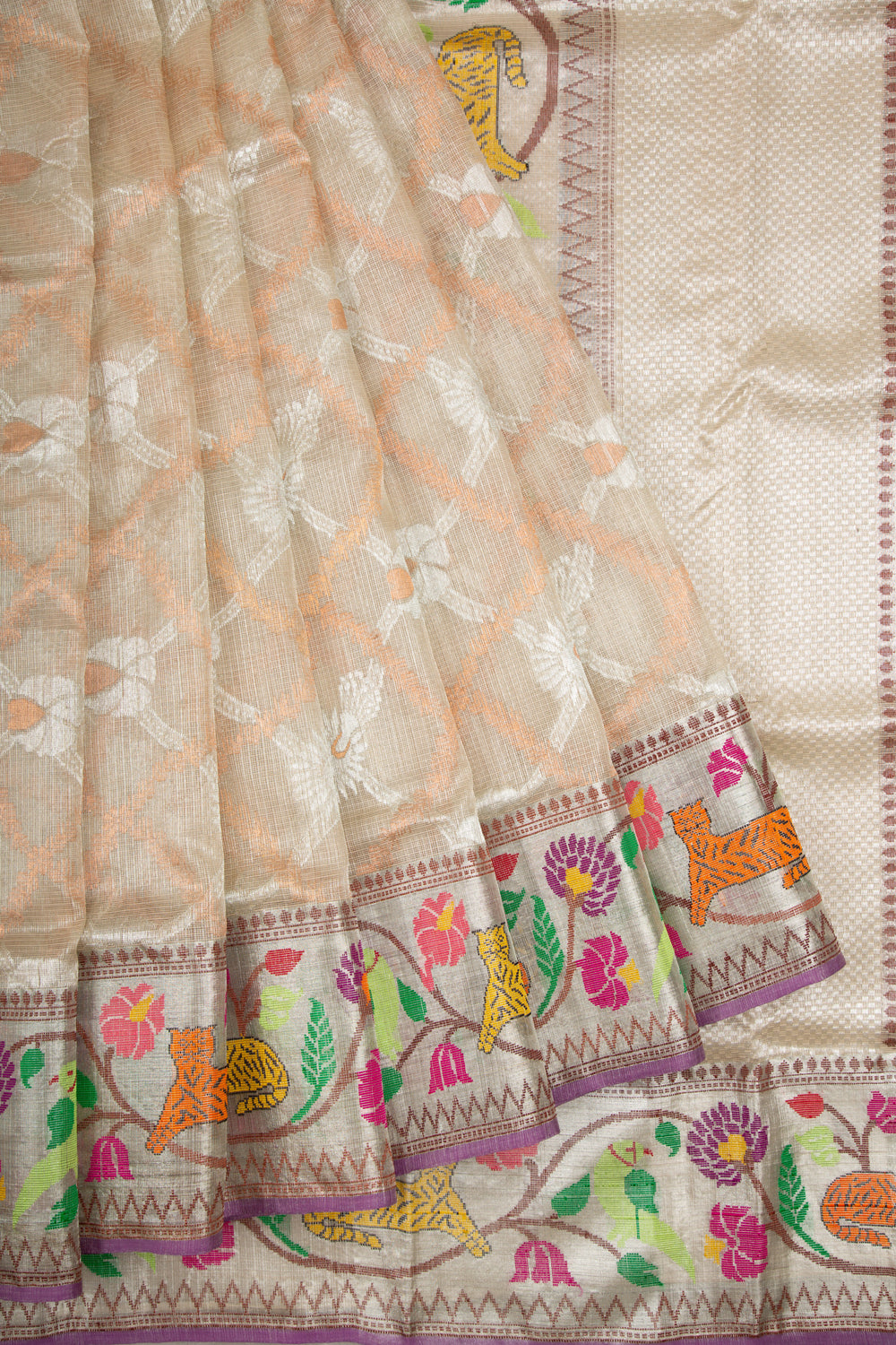 Kota Silk Tissue Jaal Cream Saree