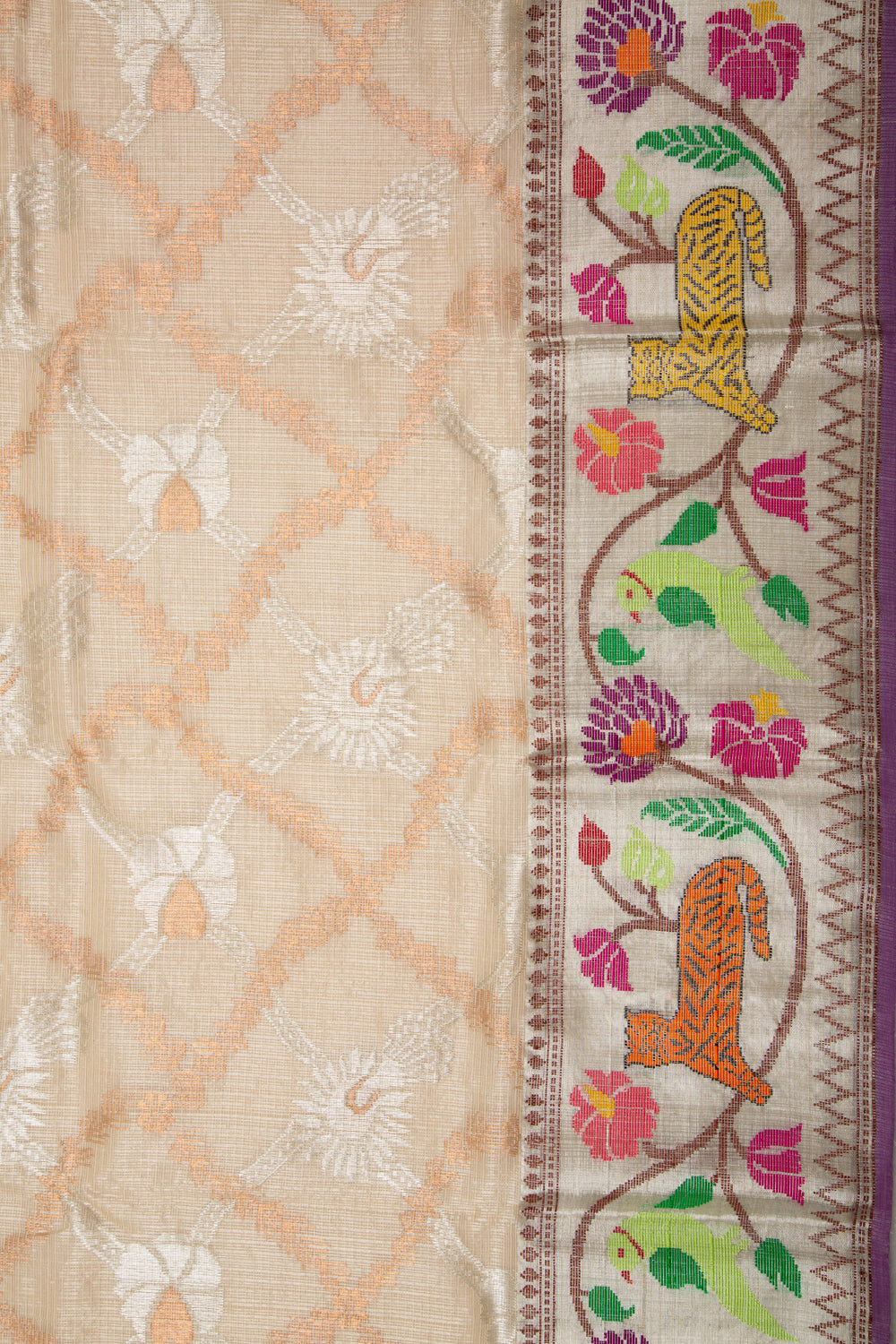 Kota Silk Tissue Jaal Cream Saree