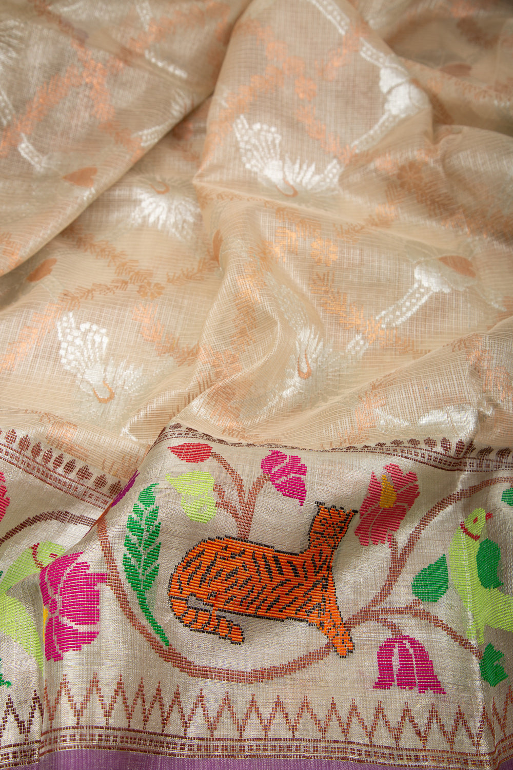 Kota Silk Tissue Jaal Cream Saree