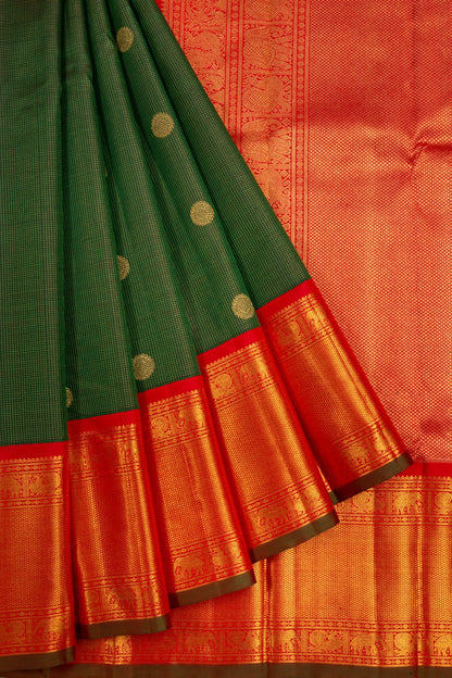Kanchipuram Silk Checks And Butta Dark Green Saree