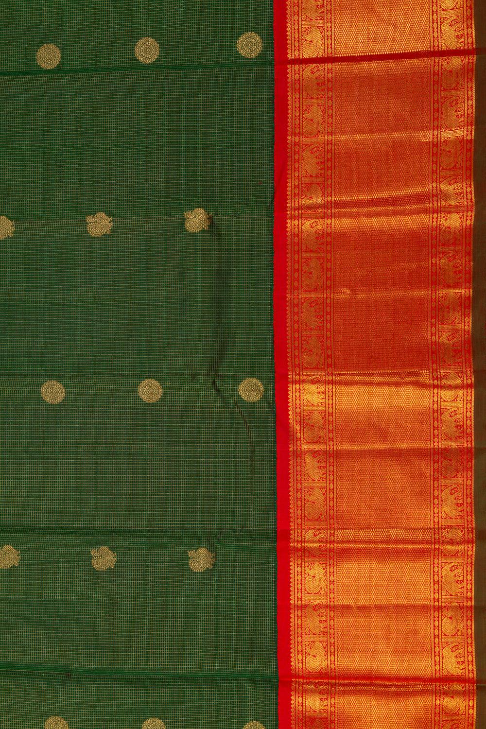 Kanchipuram Silk Checks And Butta Dark Green Saree