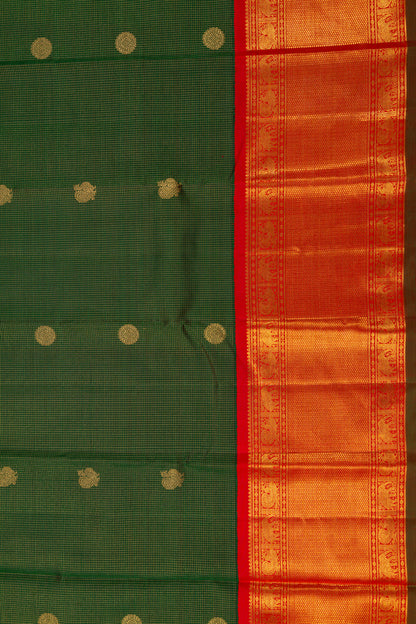 Kanchipuram Silk Checks And Butta Dark Green Saree