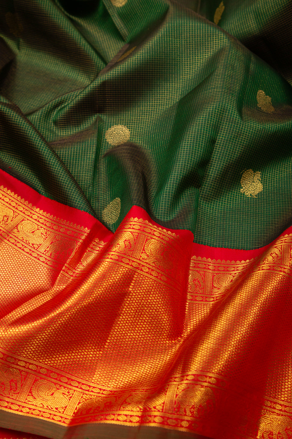 Kanchipuram Silk Checks And Butta Dark Green Saree