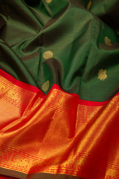Kanchipuram Silk Checks And Butta Dark Green Saree