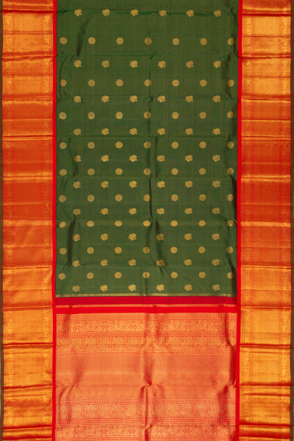 Kanchipuram Silk Checks And Butta Dark Green Saree
