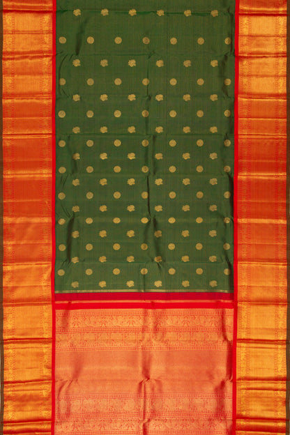 Kanchipuram Silk Checks And Butta Dark Green Saree