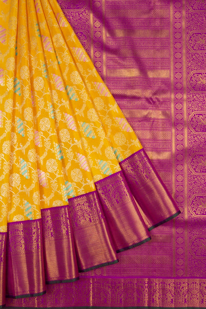 Kanchipuram Silk Jaal Yellow Saree