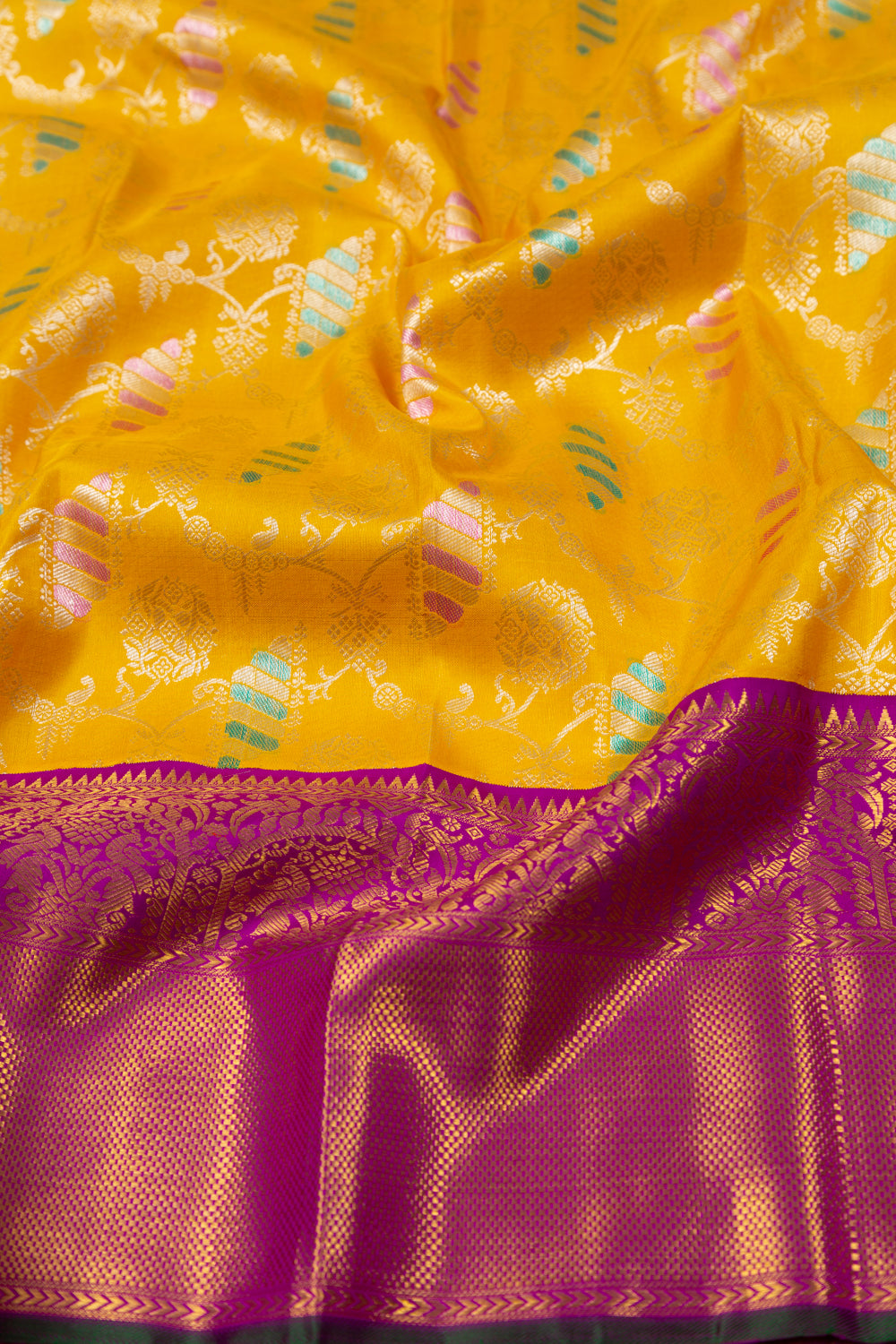 Kanchipuram Silk Jaal Yellow Saree