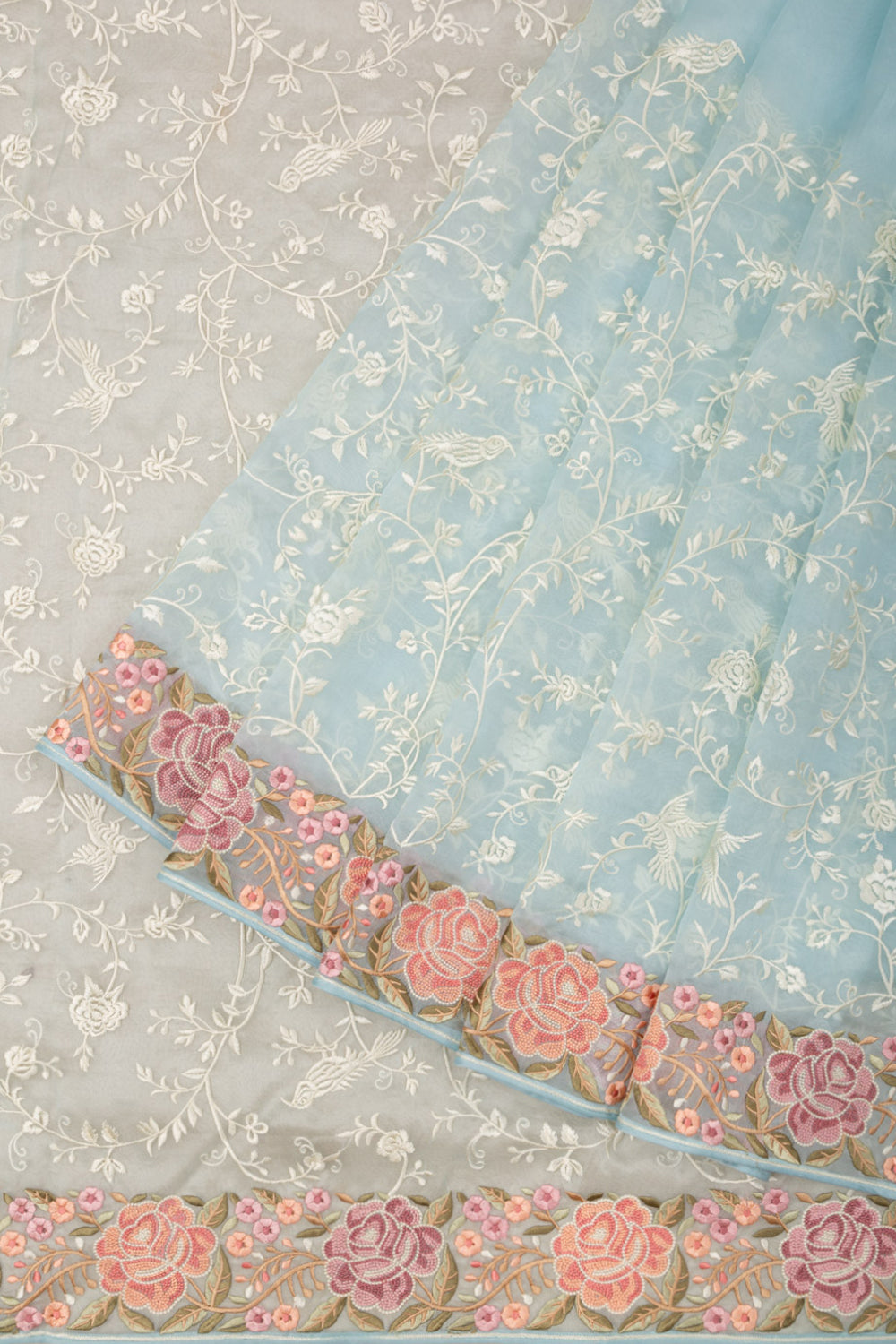 Organza Floral Embroidery Pastel Blue Saree