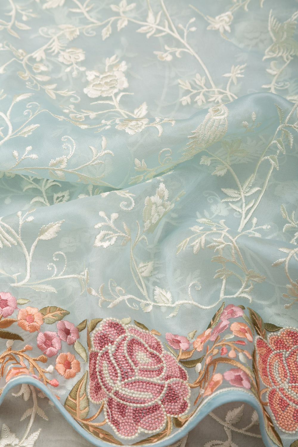 Organza Floral Embroidery Pastel Blue Saree