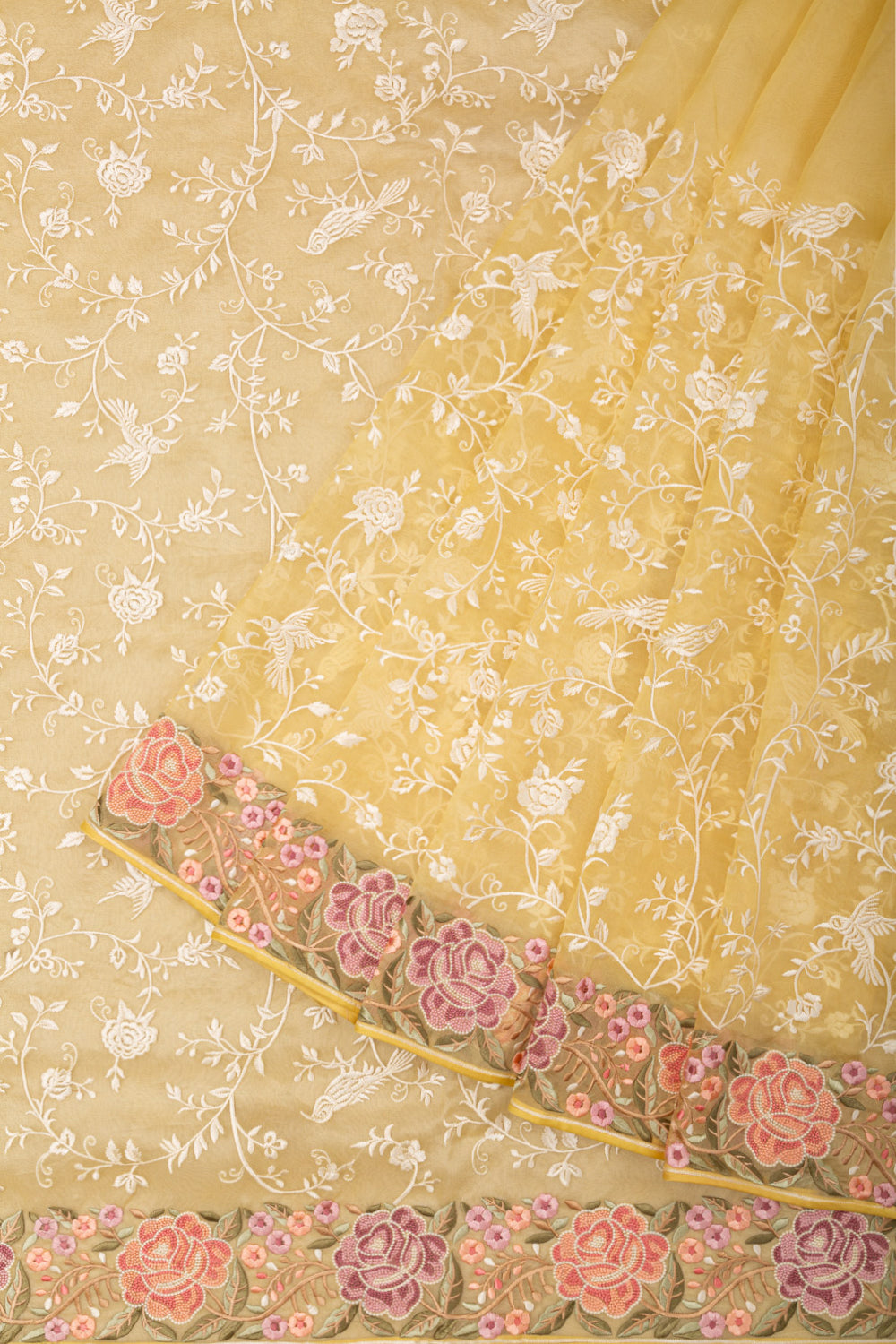 Organza Floral Embroidery Yellow Saree